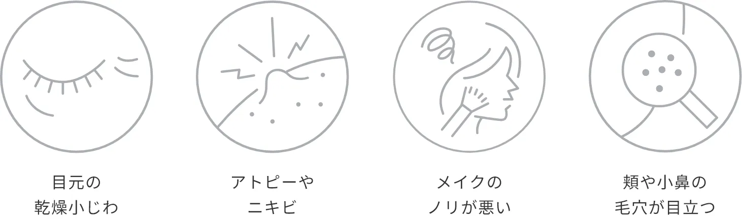 目元の乾燥小じわ アトピーやニキビ メイクのノリが悪い 頬や小鼻の毛穴が目立つ