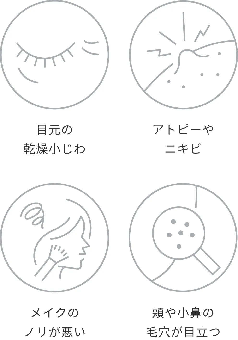 目元の乾燥小じわ アトピーやニキビ メイクのノリが悪い 頬や小鼻の毛穴が目立つ